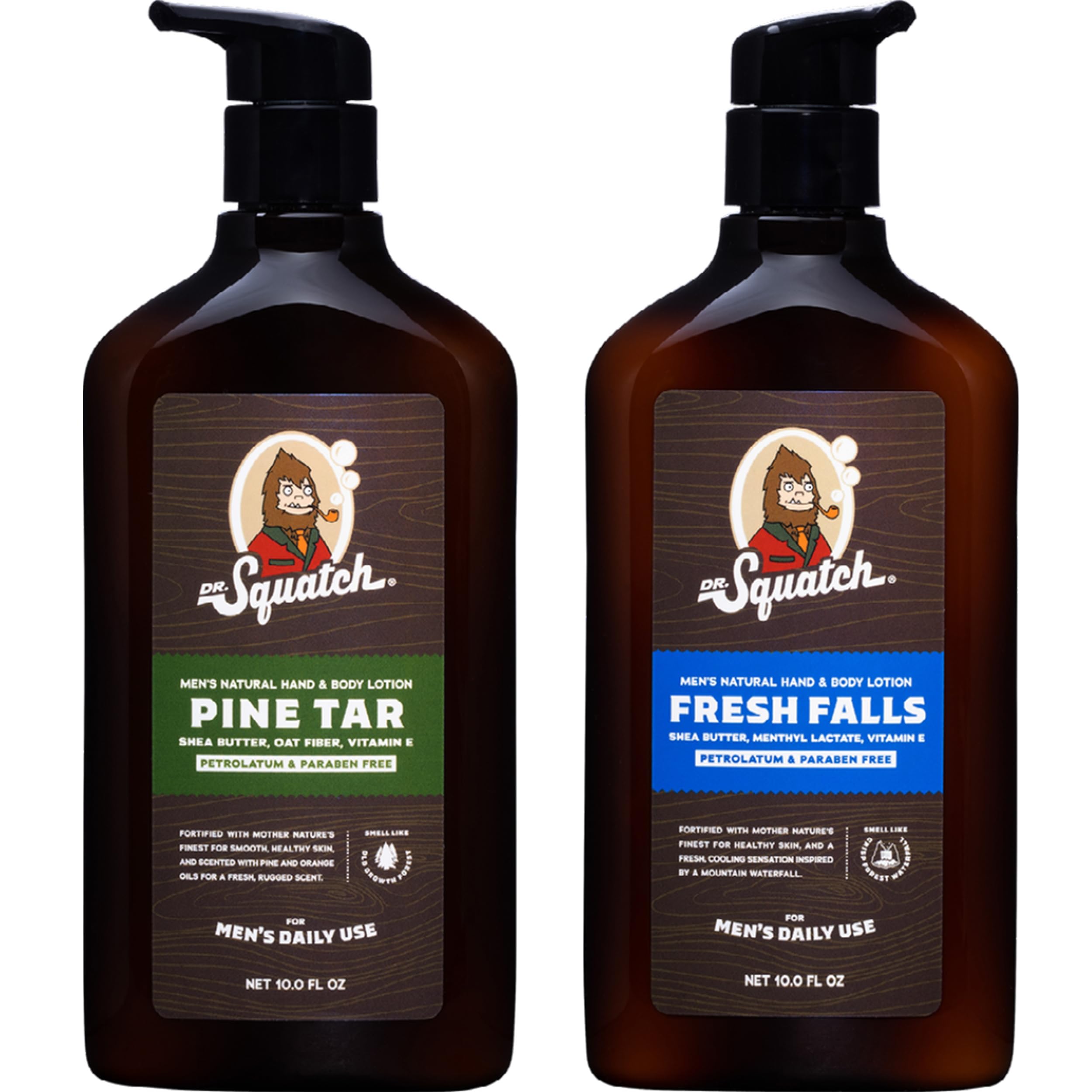 Dr. Squatch Pine Tar Fresh Falls lotion bottle close-up showing 24-hour moisturization