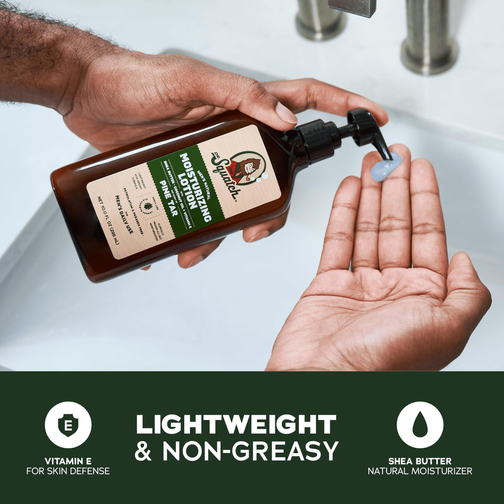 Dr. Squatch Pine Tar lotion pump dispense shows easy application