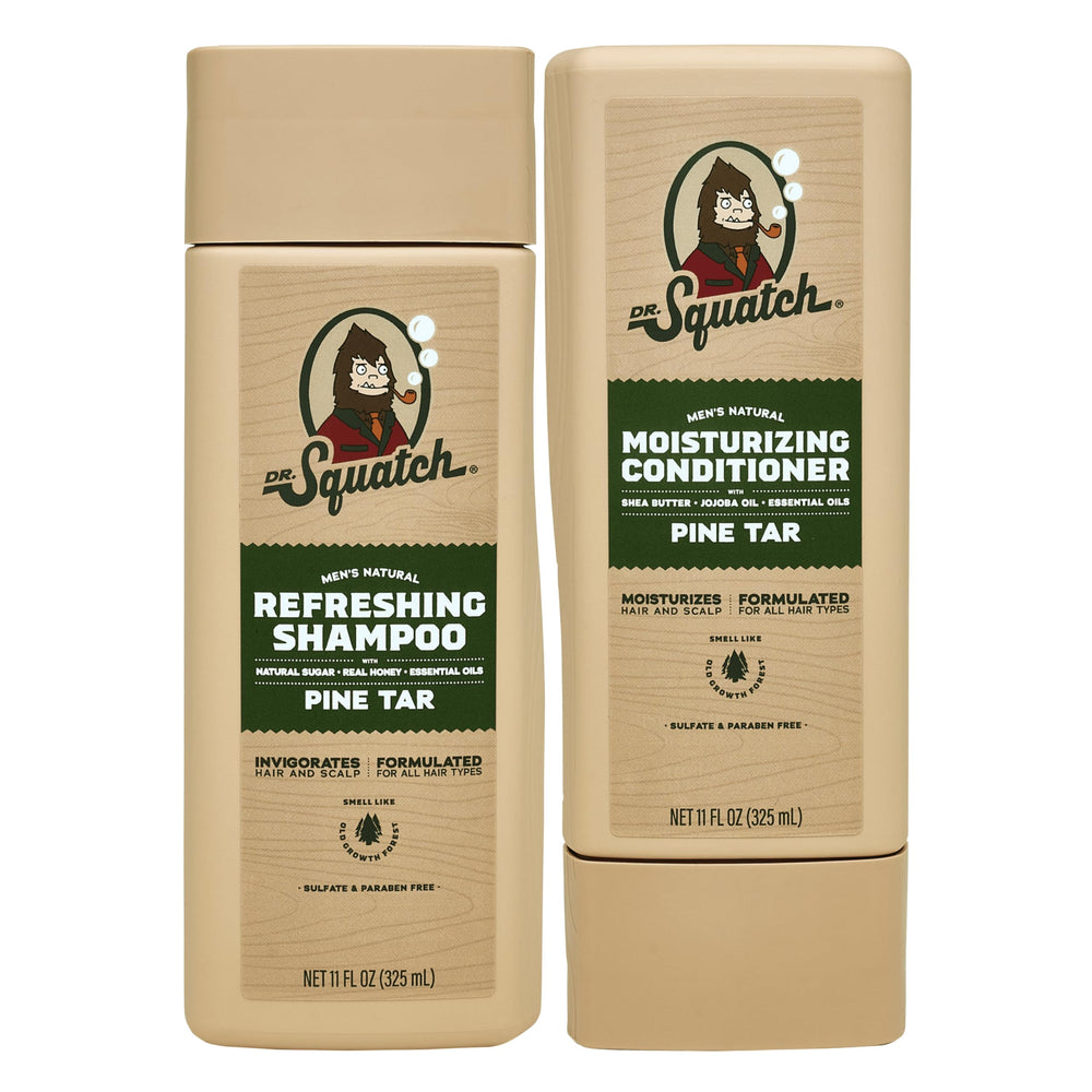 Dr. Squatch Pine Tar Shampoo bottle ready for refreshing cleanse and fuller-looking hair.