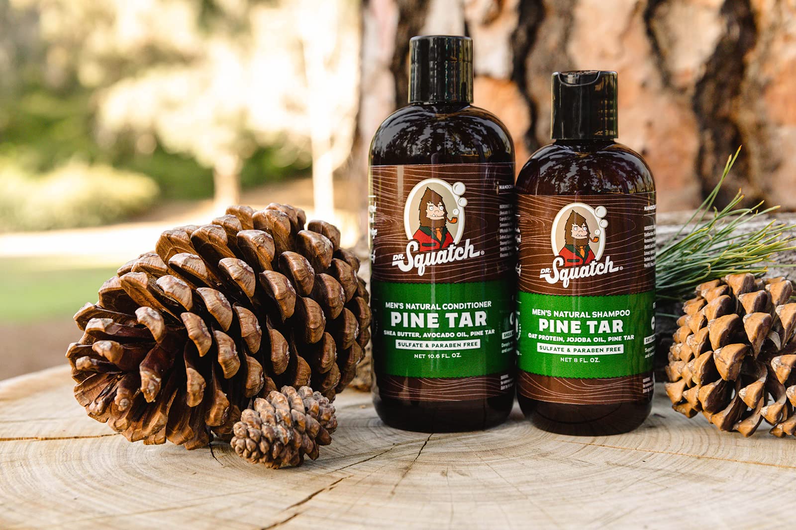 Pine Tar Shampoo bottle against a forest backdrop for adventurous shower ritual.