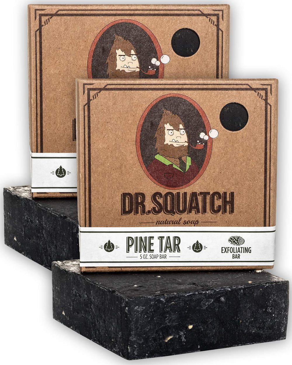 Dr. Squatch Pine Tar Soap bar front view with rugged pine scent and exfoliating texture.