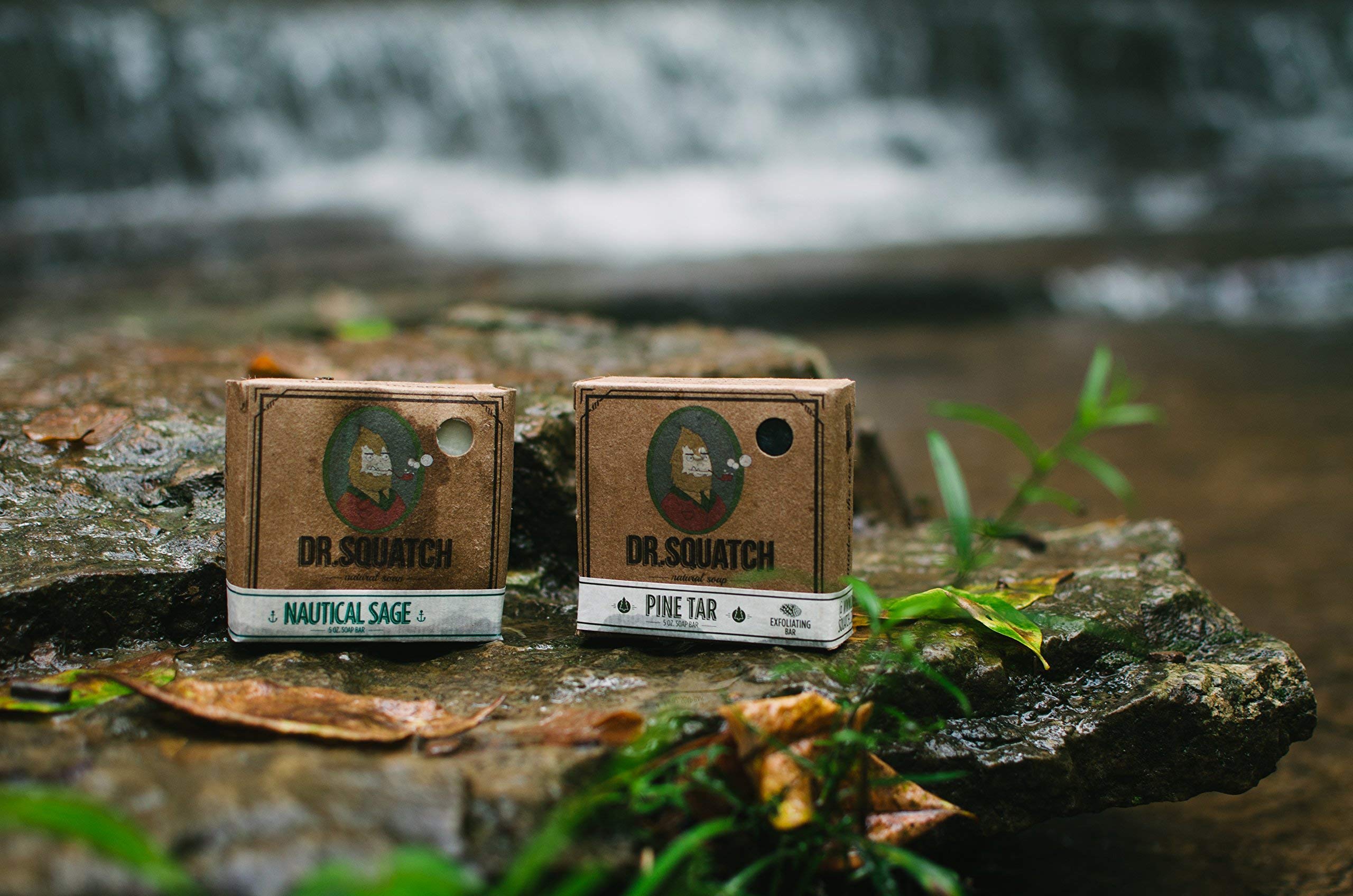 Forest-inspired styling of Dr. Squatch Pine Tar Soap promotes a natural grooming ritual.