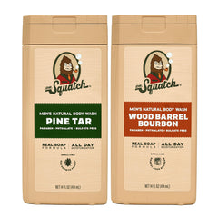 Dr. Squatch Pine Tar & Wood Barrel Bourbon body wash pour showing rugged scent and texture