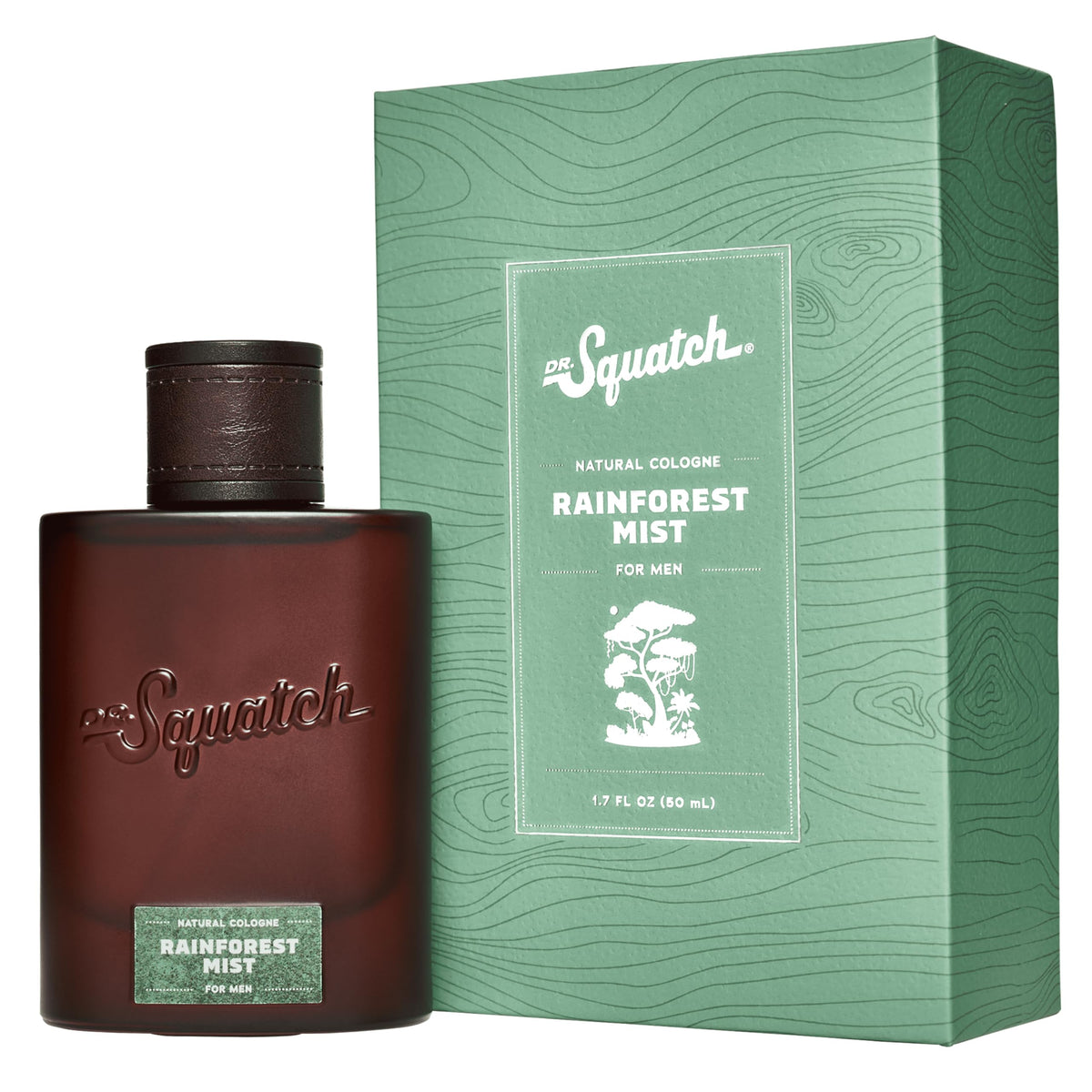 Dr. Squatch Rainforest Mist bottle closeup highlighting a long-lasting, nature-inspired scent.