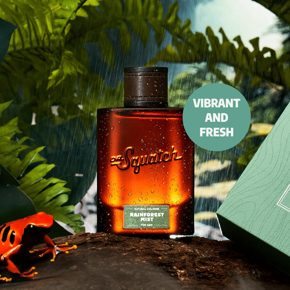 Dr. Squatch Rainforest Mist packaging display emphasizes sustainable sourcing and rugged styling.