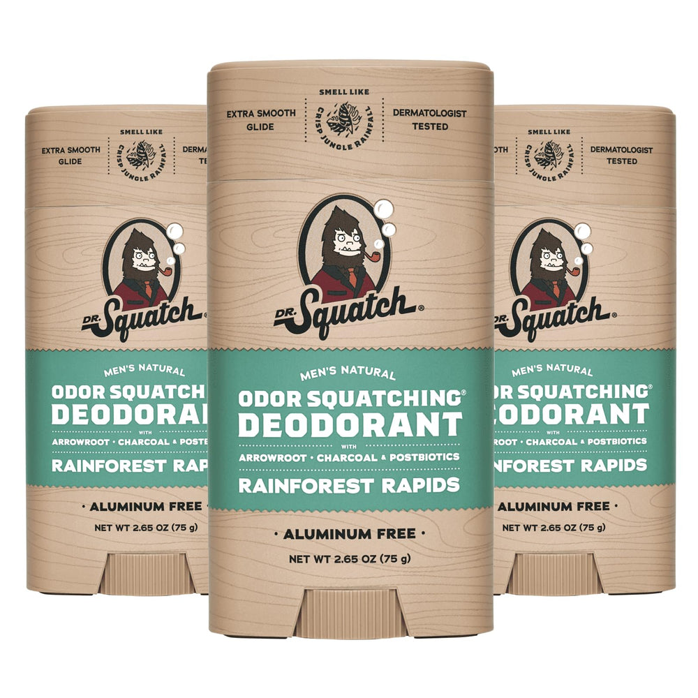 Dr. Squatch Rainforest Rapids deodorant bottle front delivering long-lasting freshness