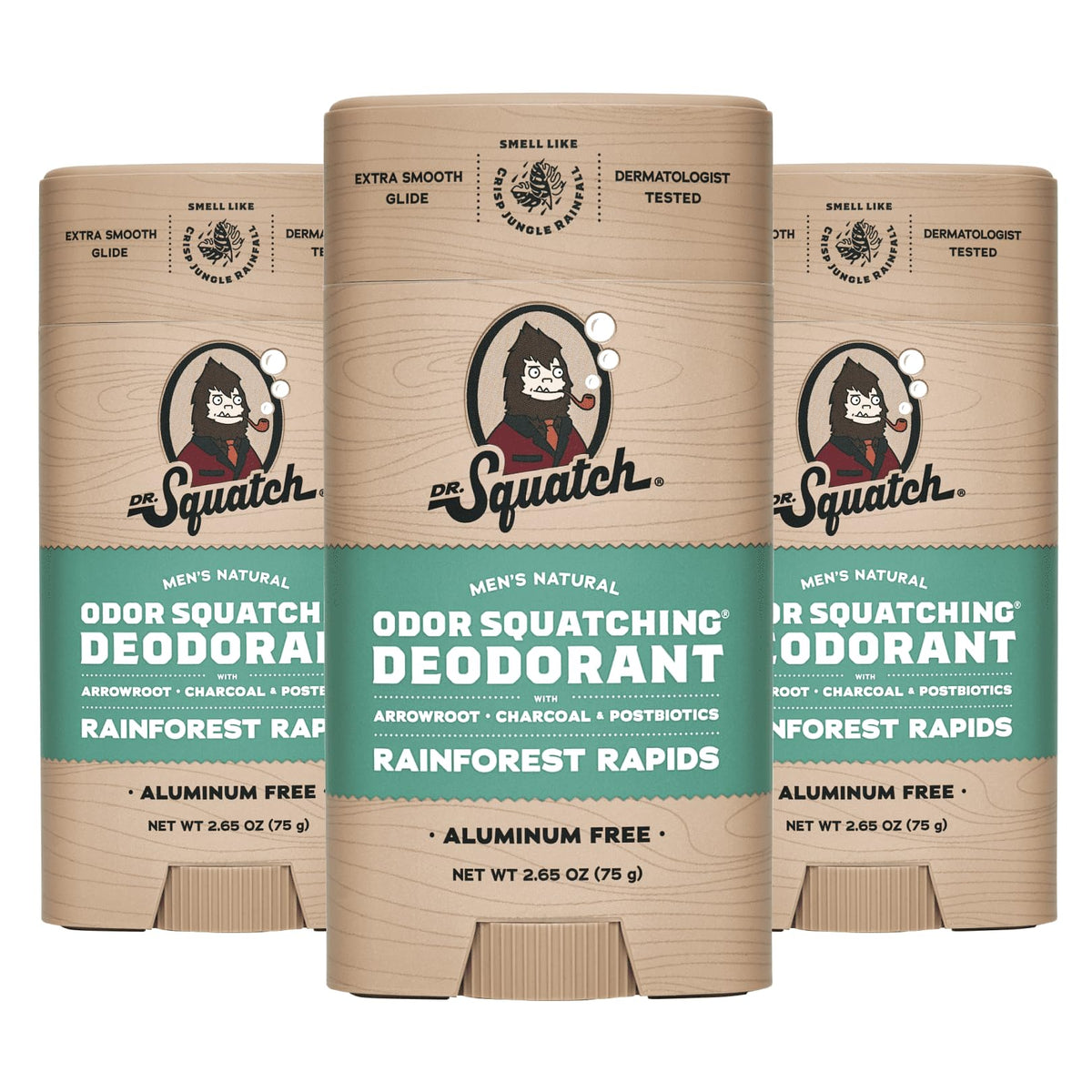 Dr. Squatch Rainforest Rapids deodorant bottle front delivering long-lasting freshness