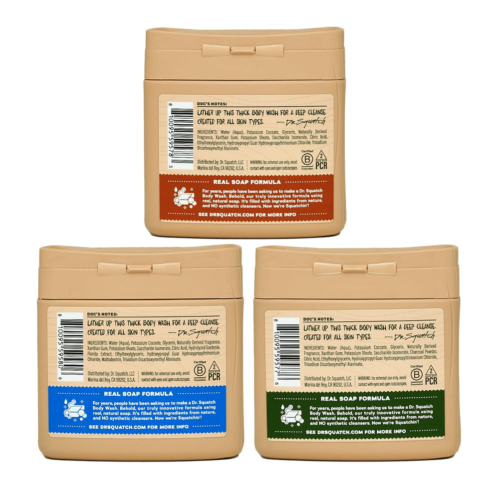 Dr. Squatch Real Soap formula bottle emphasizes natural ingredients, free from sulfates.