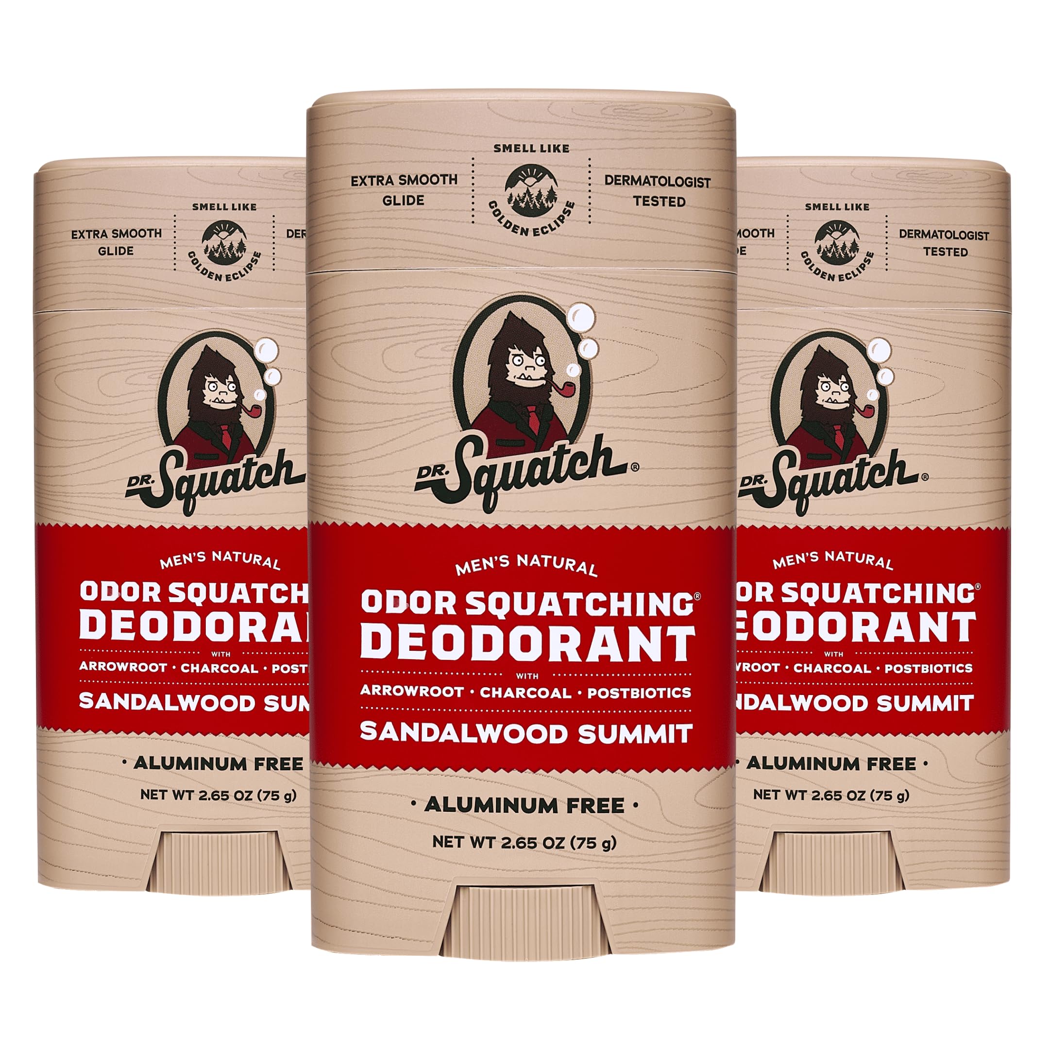 Dr. Squatch Sandalwood Summit deodorant 3-pack on display for all-day odor protection.
