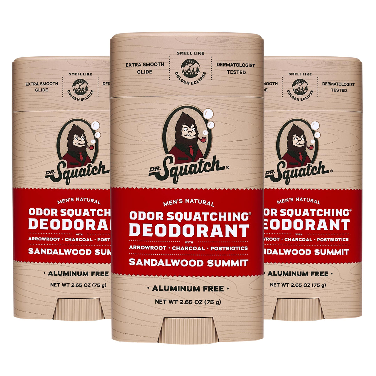 Dr. Squatch Sandalwood Summit deodorant 3-pack on display for all-day odor protection.