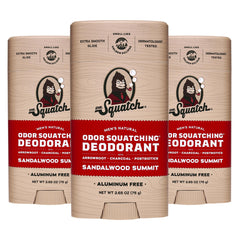 Dr. Squatch Sandalwood Summit deodorant 3-pack on display for all-day odor protection.