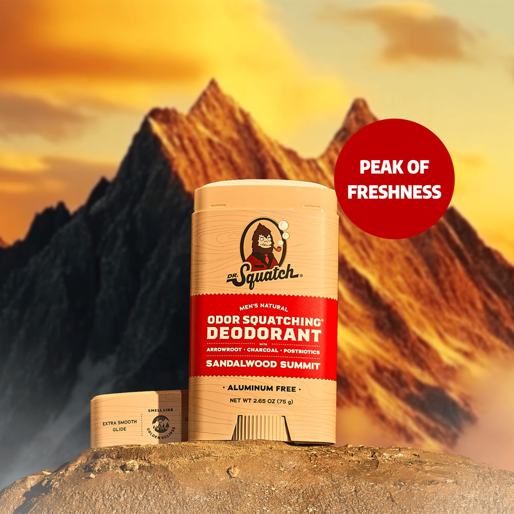 Dr. Squatch Sandalwood Summit packaging close-up highlighting natural ingredients.