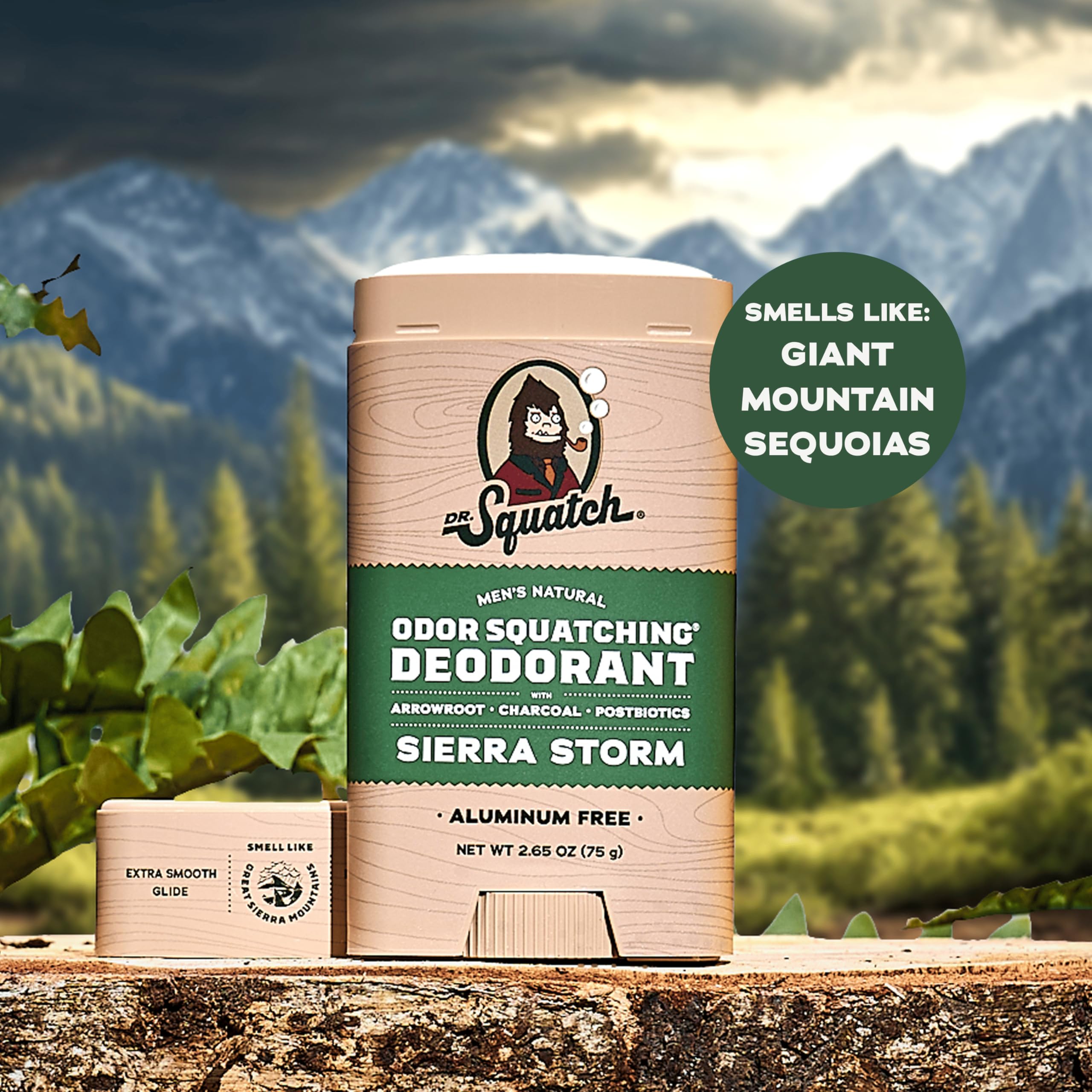 Dr. Squatch Sierra Storm aroma close-up emphasizing eucalyptus, pine, juniper scent.