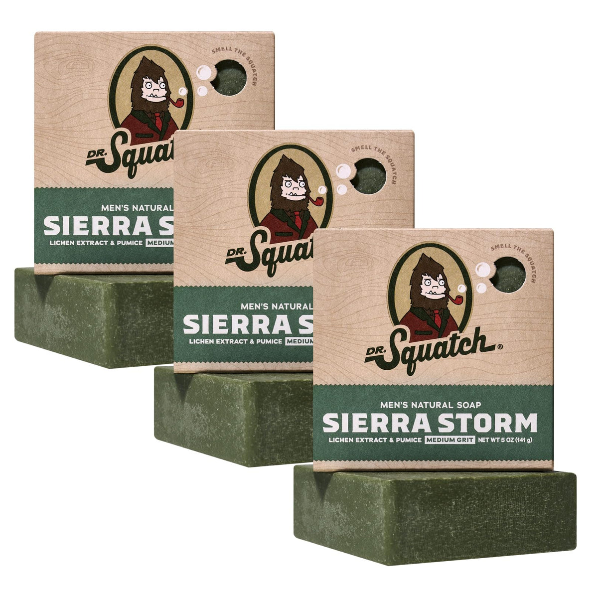 Dr. Squatch Sierra Storm bar soap pack front featuring bold branding for a refreshing morning shower.