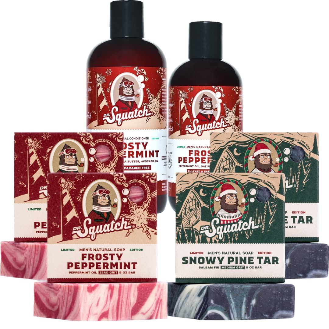 Dr. Squatch Snowy Pine Tar soap bars offer deep cleansing with a pine-forward, natural formula.