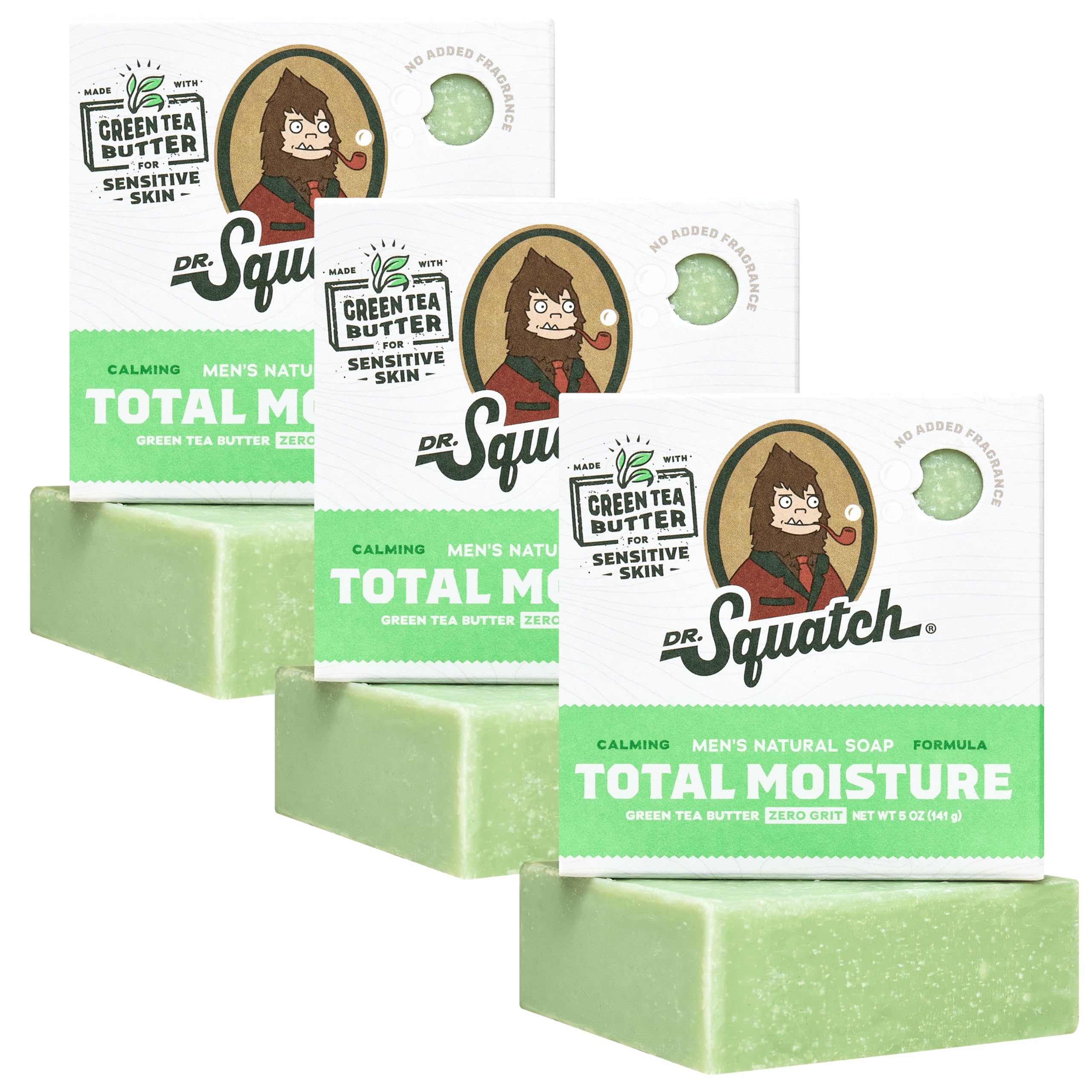 Dr. Squatch Total Moisture Bar Soap Green Tea Butter 3-pack on a clean bathroom surface
