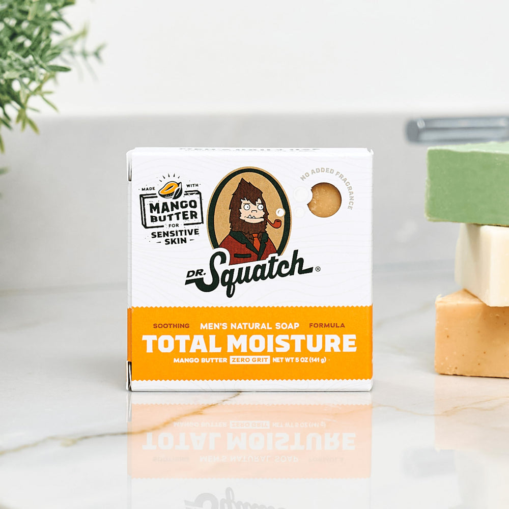 Dr. Squatch mango butter swirl close-up emphasizes natural ingredients for moisturized skin