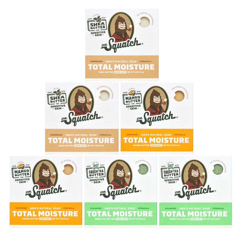 Dr. Squatch Total Moisture Bar Soap unscented close-up highlighting hydrating butters for sensitive skin.