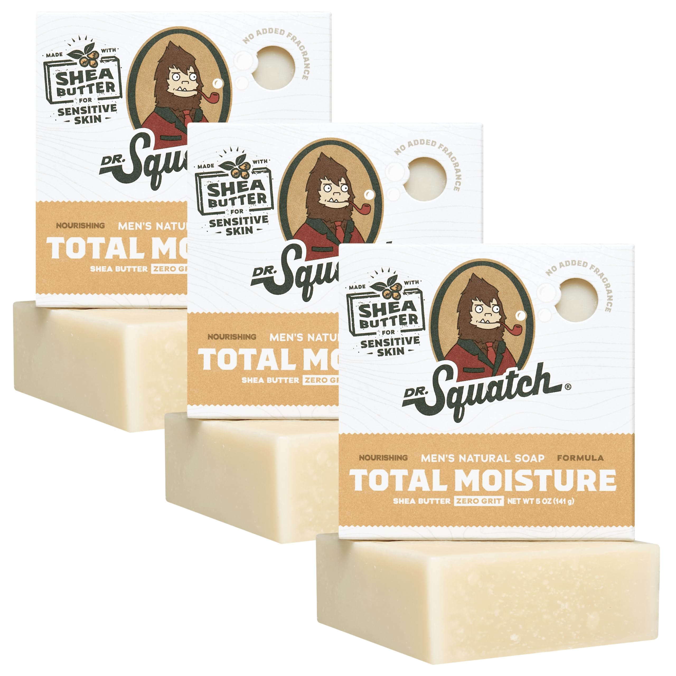 Dr. Squatch Total Moisture Bar unscented 3-pack front view, fragrance-free hydration for daily showers.