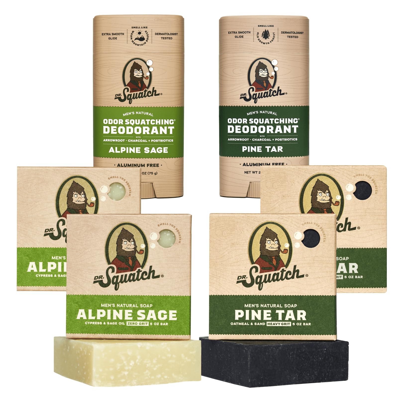 Dr. Squatch variety pack packaging shows rugged branding for a natural grooming routine.