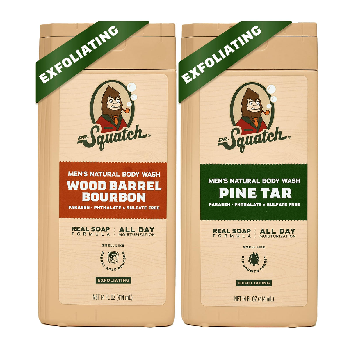Dr. Squatch Wood Barrel Bourbon bottle demonstrates premium natural wash with long-lasting scent.