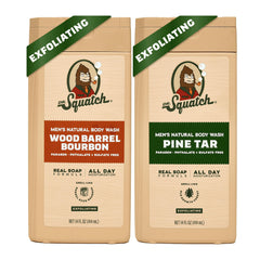 Dr. Squatch Wood Barrel Bourbon bottle demonstrates premium natural wash with long-lasting scent.