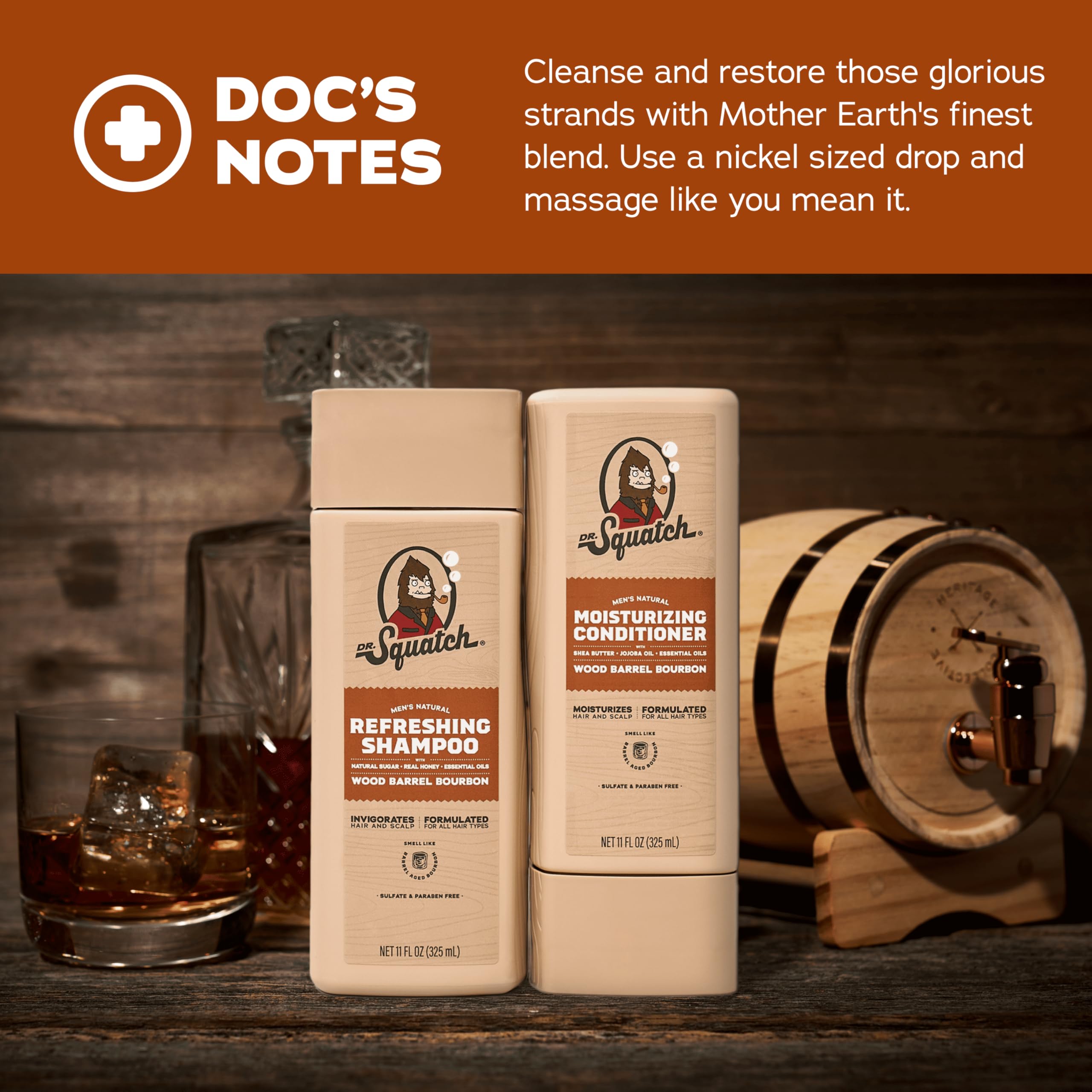 Dr. Squatch Wood Barrel Bourbon conditioner-rinse showcases glossy, manageable hair with natural hydration.