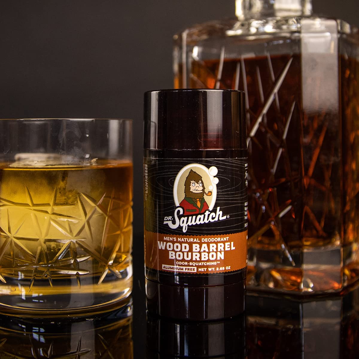 Dr. Squatch wood barrel bourbon deodorant closeup highlights scent and wear