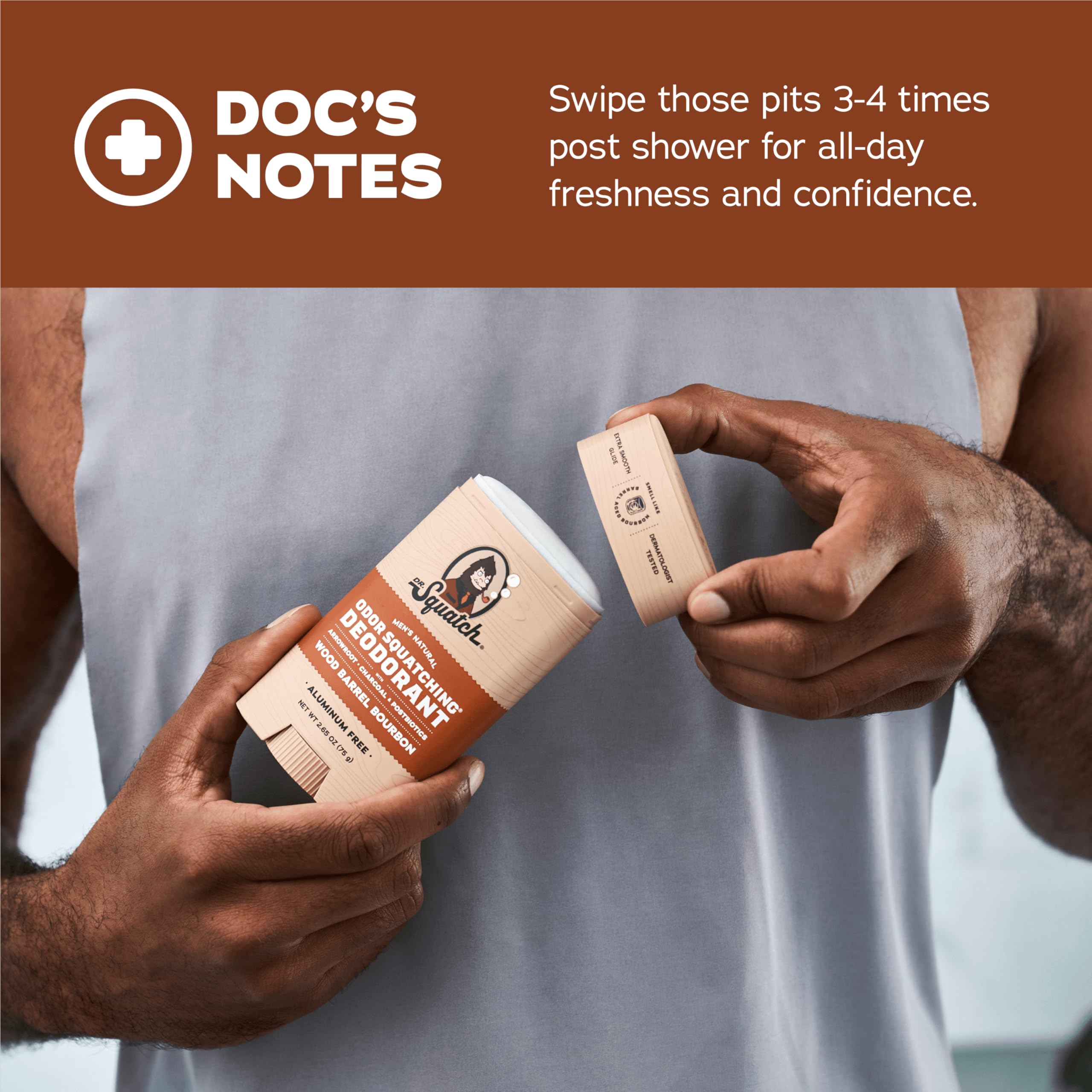 Dr. Squatch ingredients arrowroot-charcoal-probiotics highlight natural odor-control ingredients.