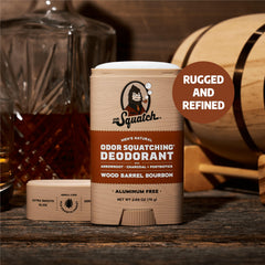 Dr. Squatch Wood Barrel Bourbon label closeup showcases rugged branding and natural vibe.
