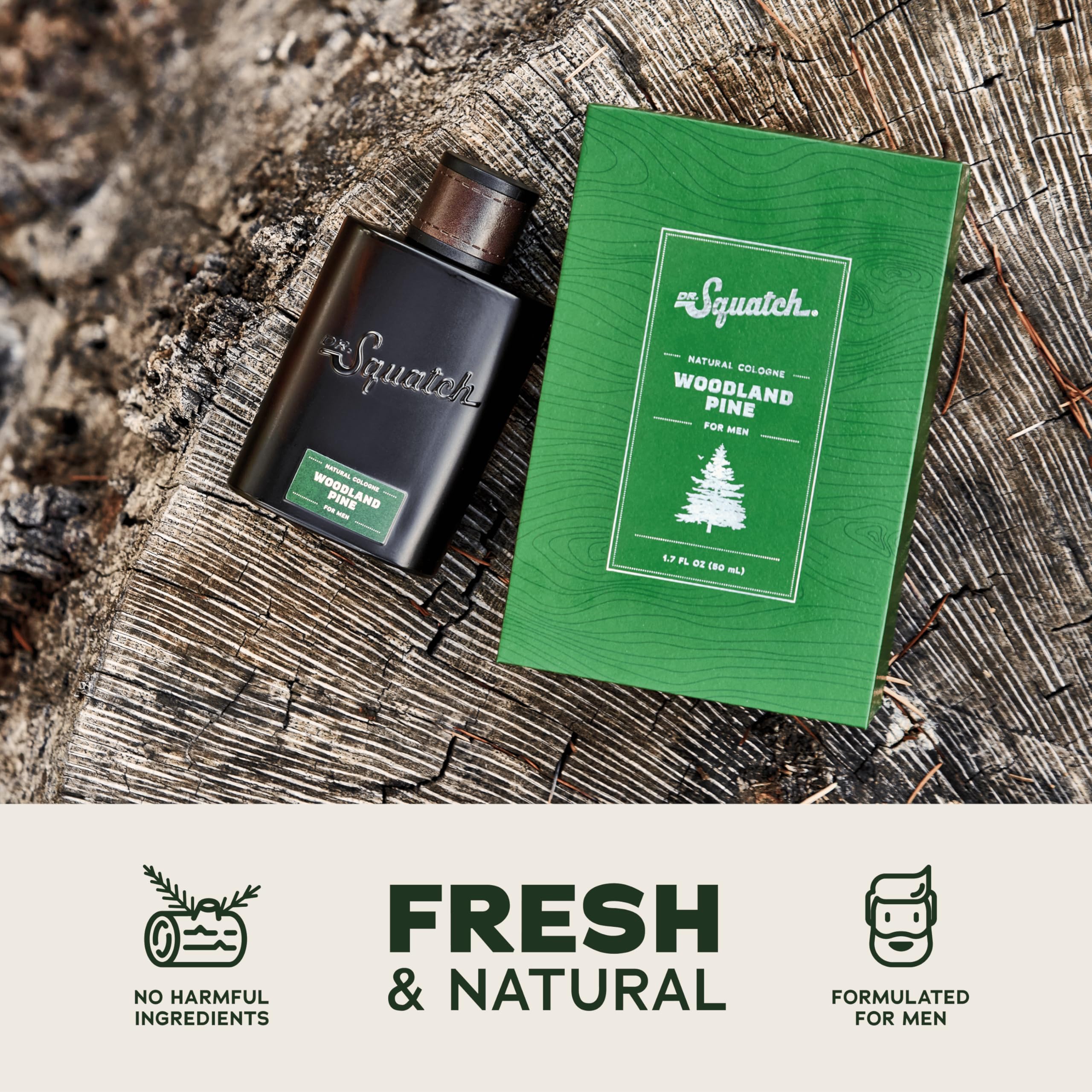 Packaging of Dr. Squatch Woodland Pine cologne highlighting sustainable materials