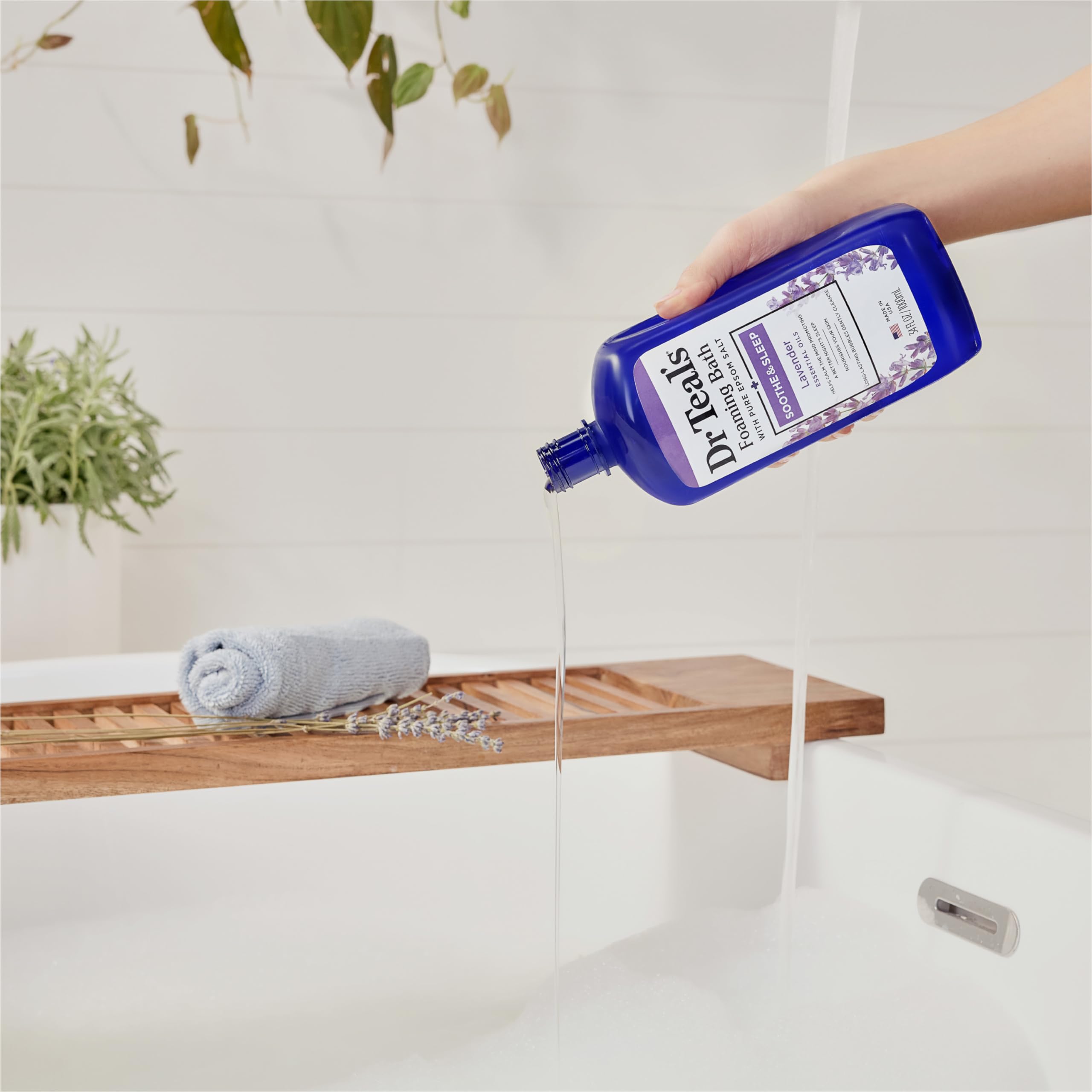Dr Teal's bath routine image captures cozy mood lighting.