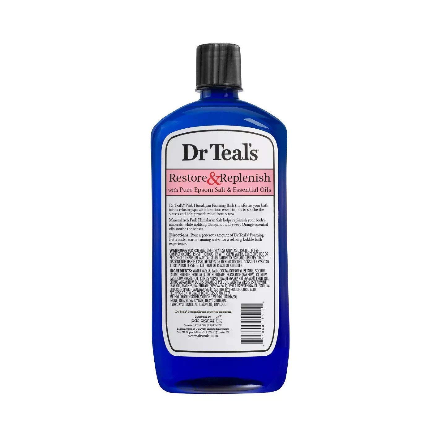 Dr Teal's Bergamot & Sweet Orange Oils bottle highlights calming aroma for a spa-like bath.