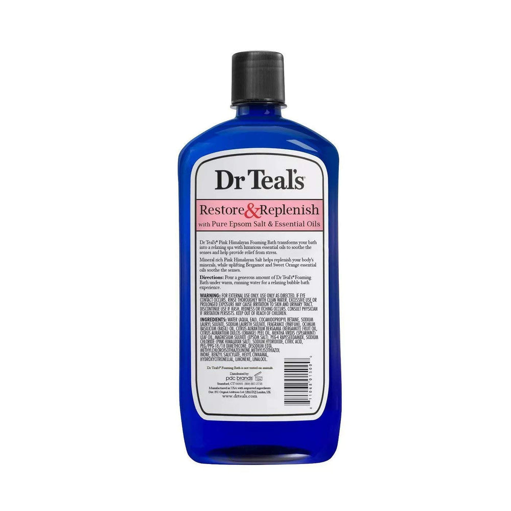 Dr Teal's Bergamot & Sweet Orange Oils bottle highlights calming aroma for a spa-like bath.