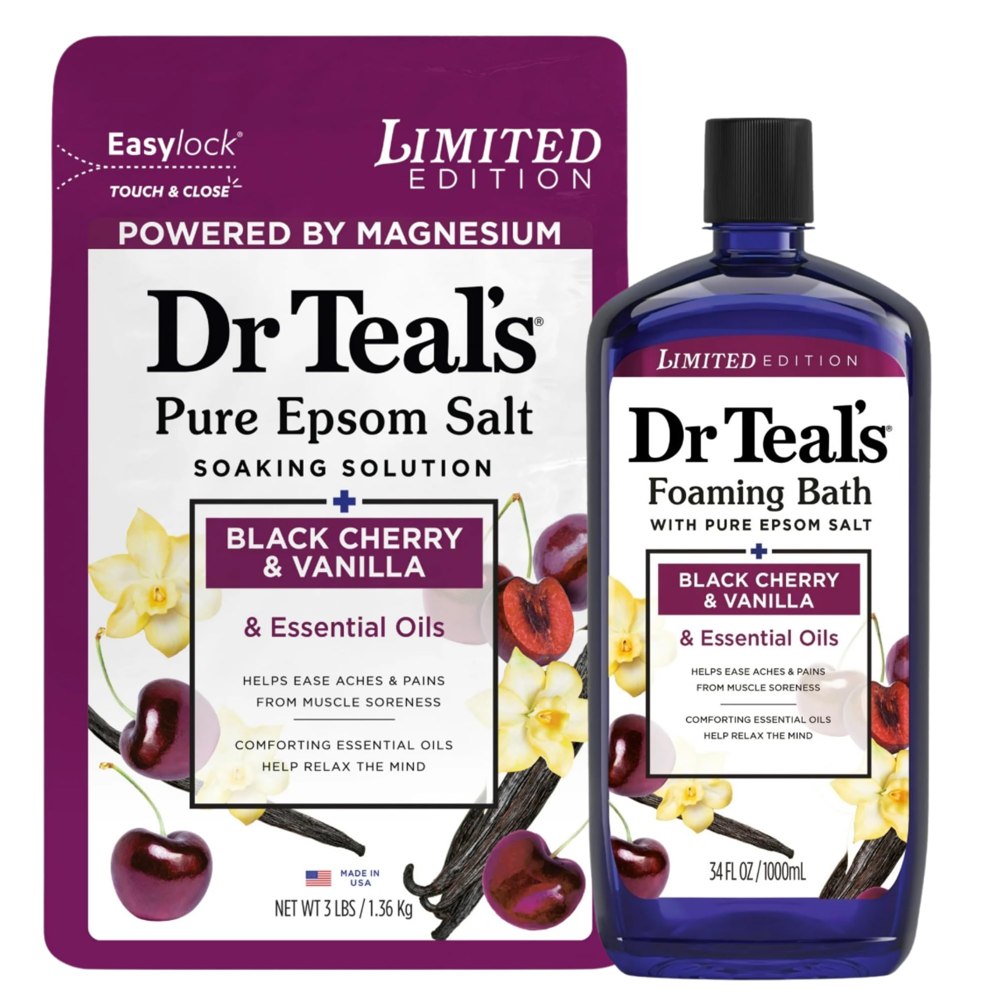 Dr Teal's Black Cherry & Vanilla Bath Set packaging signals a limited edition relaxation kit.