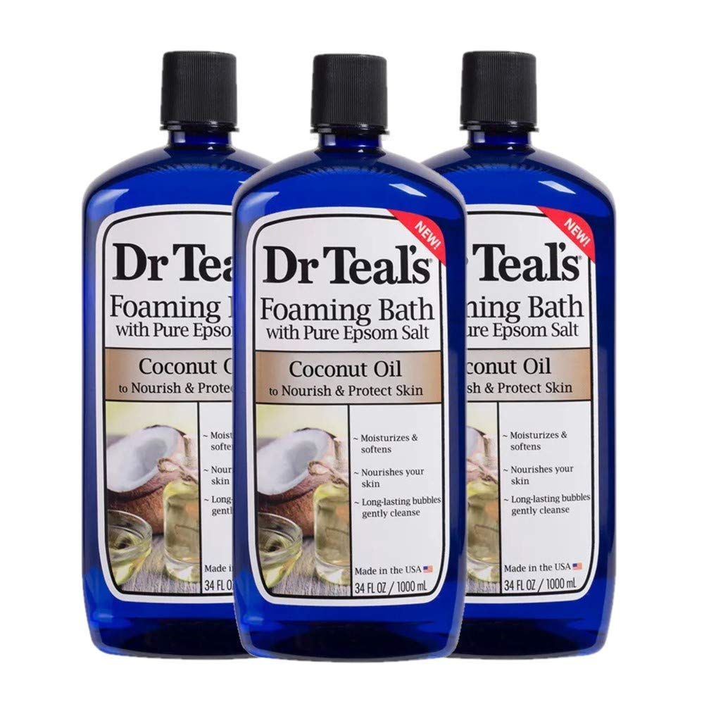 Dr Teal's Coconut Oil Foaming Bath three-pack bottles ready for a soothing ritual.