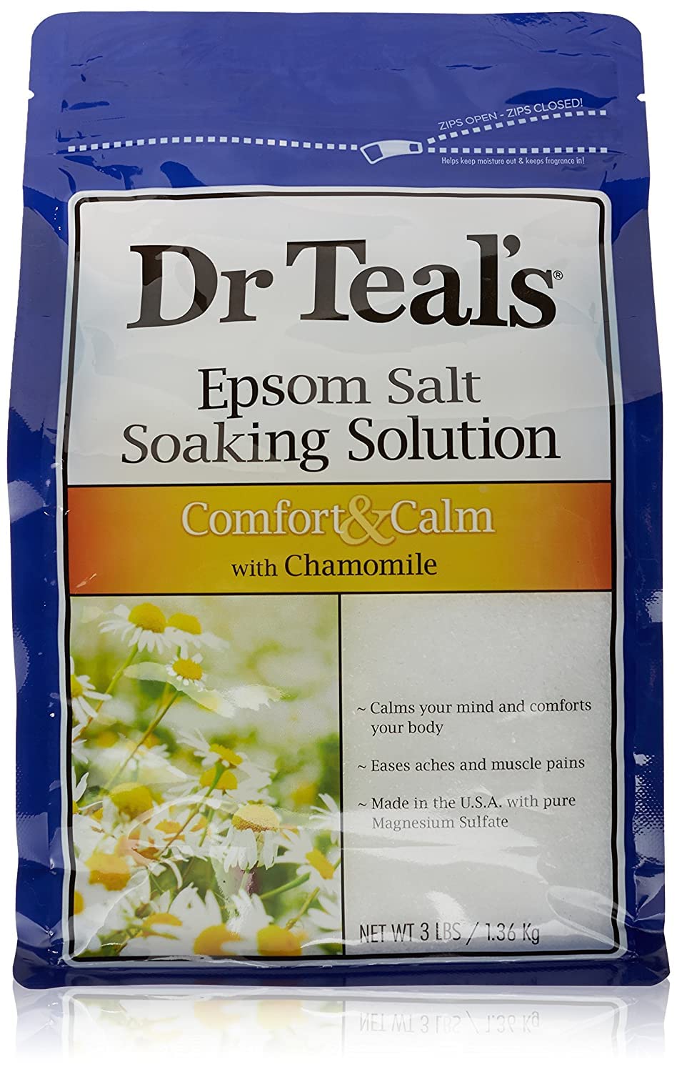 Dr Teal's Comfort Calm 3lb bag close-up highlights chamomile-scented salts for relaxing bath moments