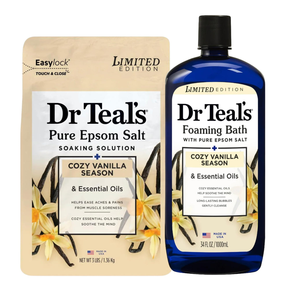 Dr Teal's Cozy Vanilla Season soak bag ready for a relaxing warm bath.