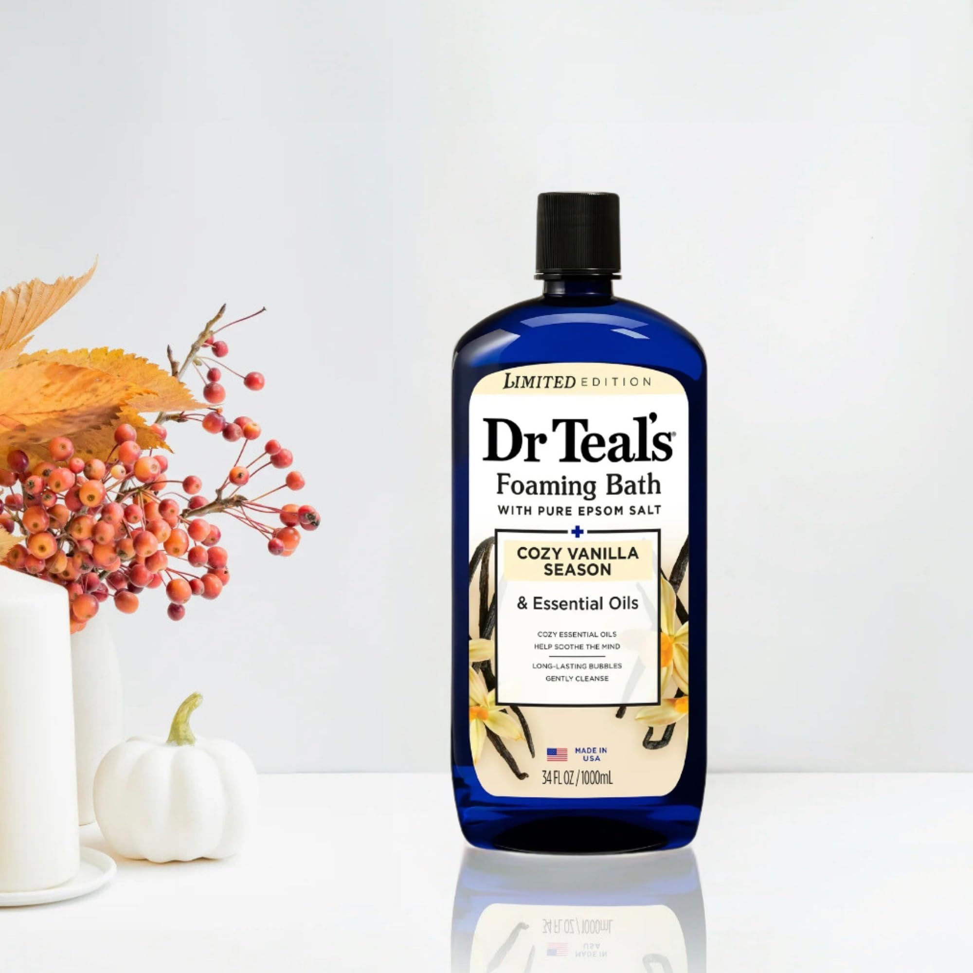 Dr Teal's Cozy Vanilla Season soak label highlights citrus and cedar notes for unwinding.