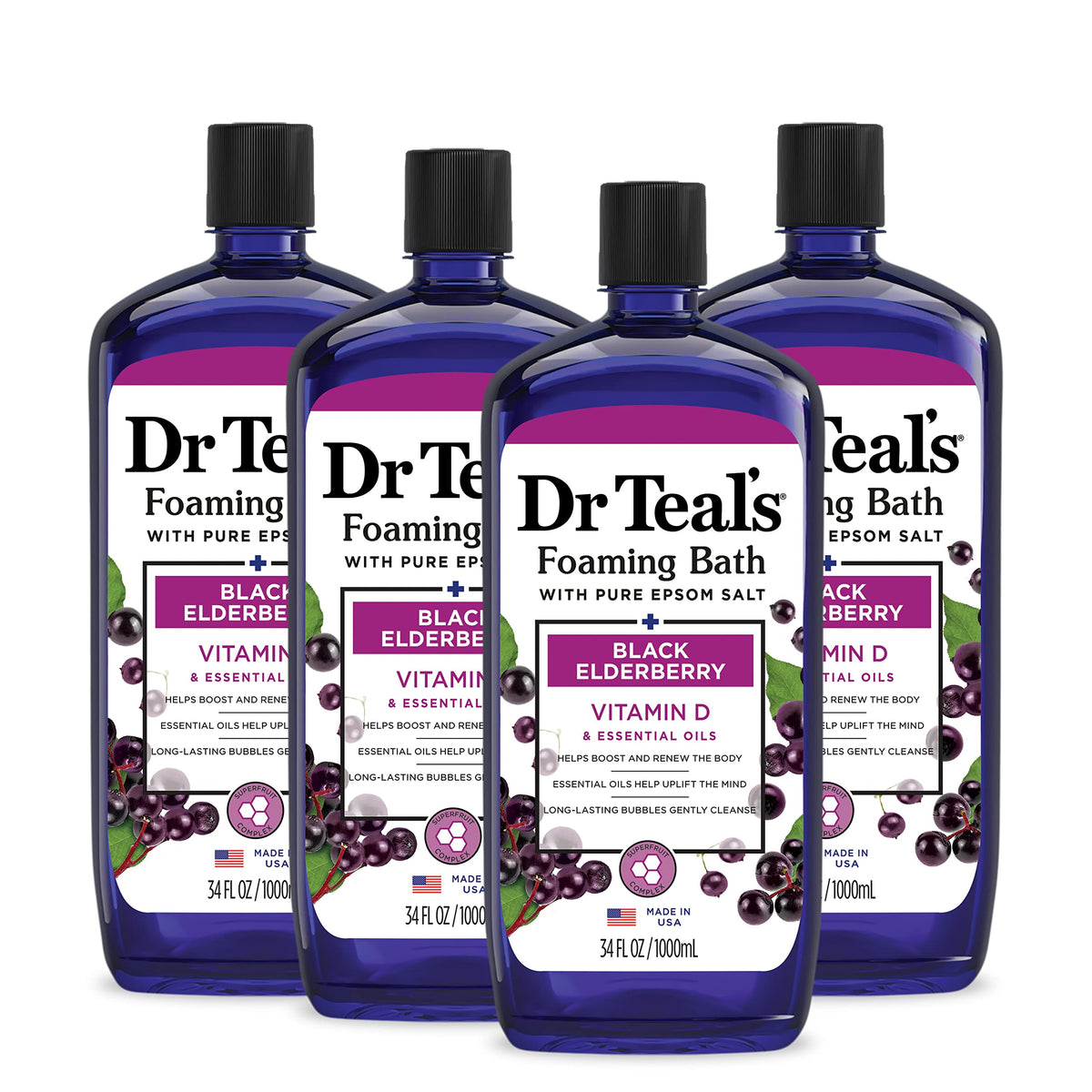 Dr Teal's Elderberry Foaming Bath bottle promotes a calming aromatherapy experience.