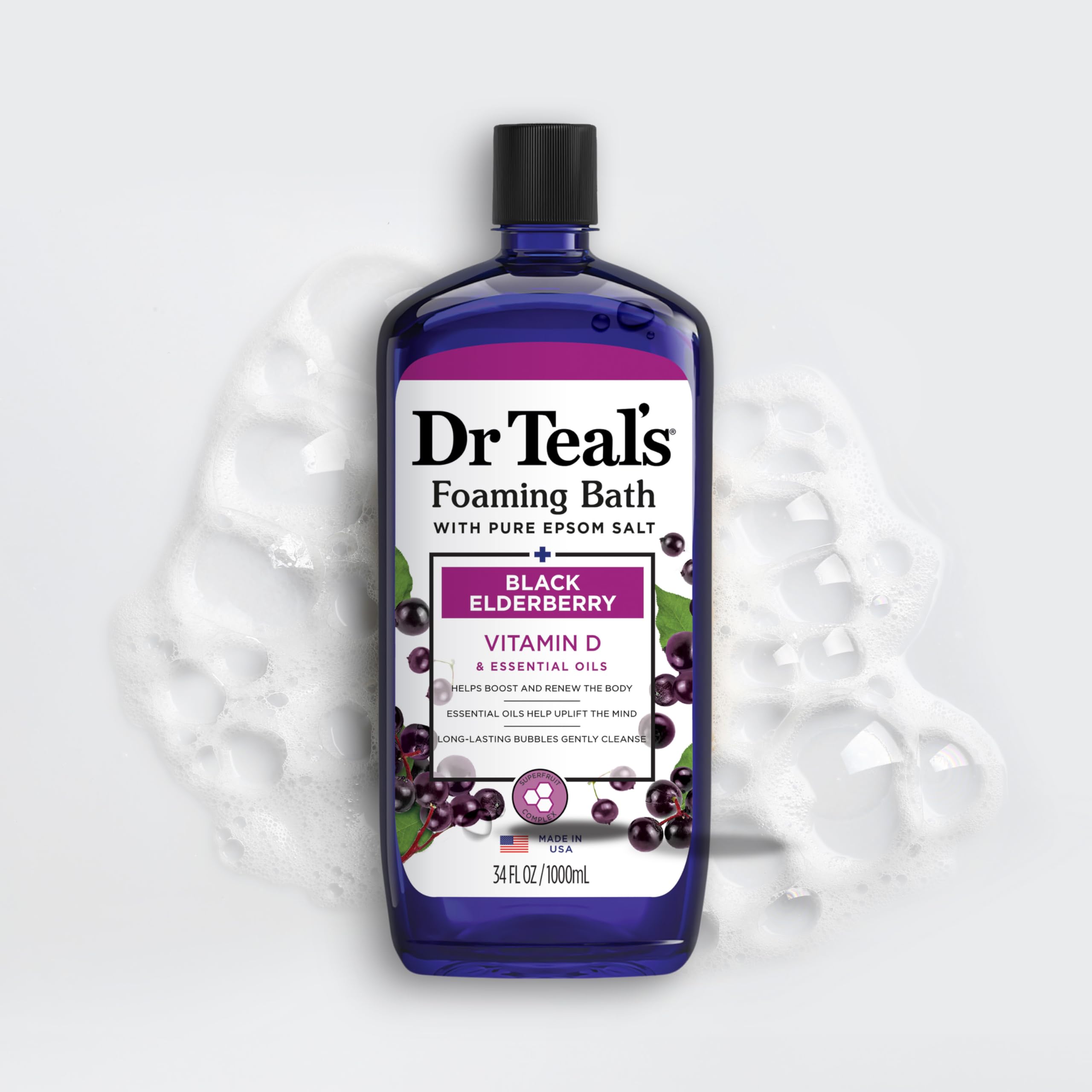 Dr Teal's Elderberry bath scene highlighting gentle cleansing and fragrance uplift.