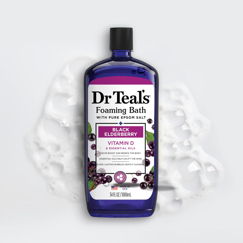 Dr Teal's Elderberry bath scene highlighting gentle cleansing and fragrance uplift.