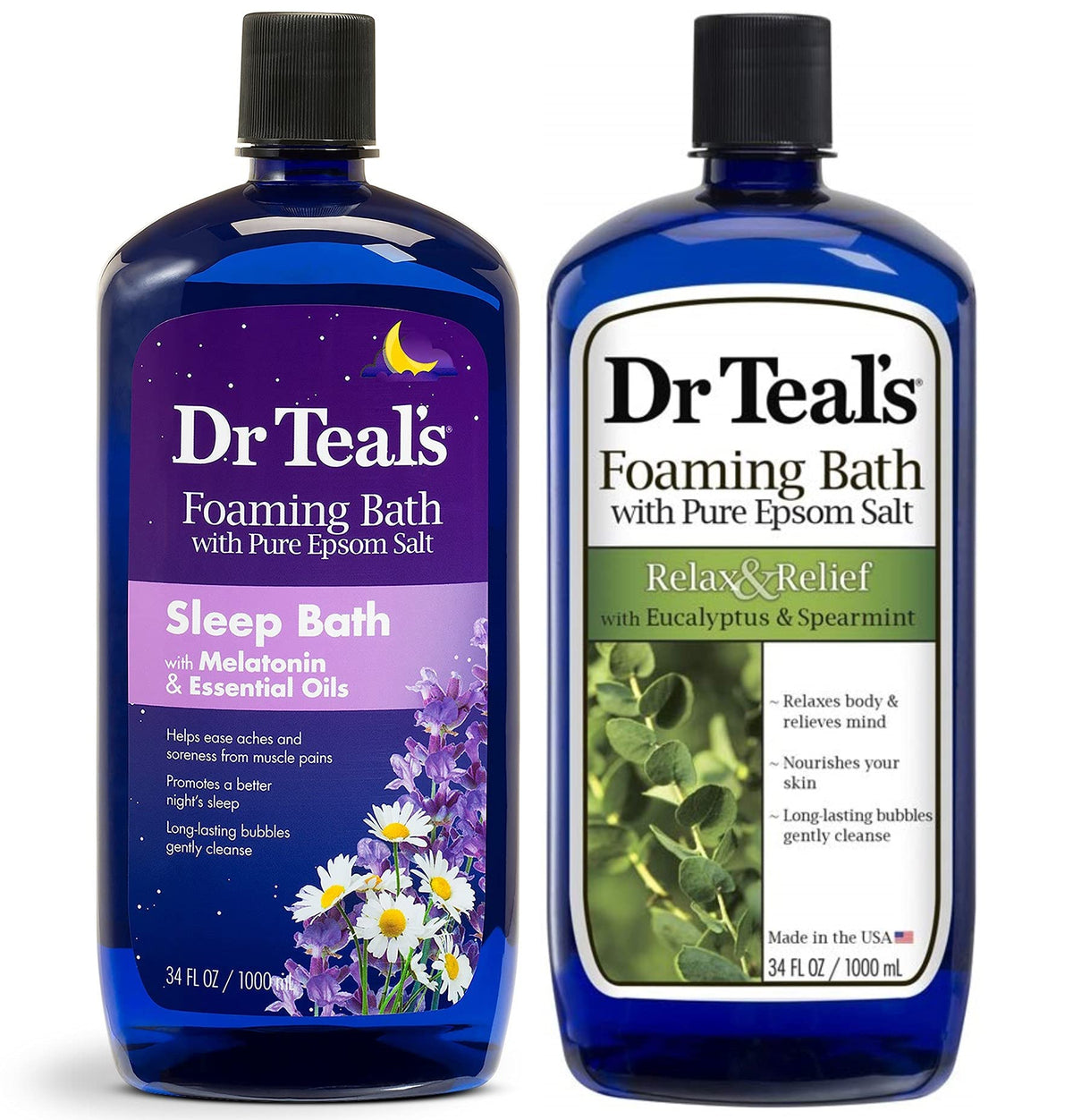 Dr Teal's foaming bath eucalyptus spearmint bottle delivering refreshing spa-like relaxation