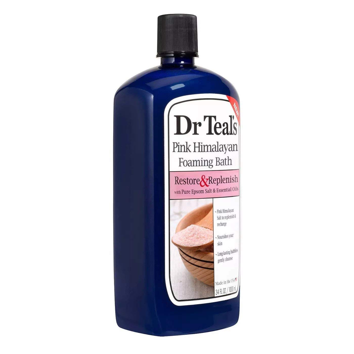 Dr Teal's Pink Himalayan Salt foaming bath pouring a luxurious soft lather in tub.