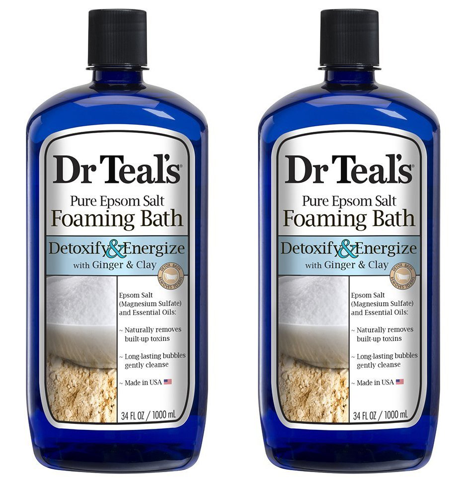 Dr Teal's Ginger & Clay foaming bath bottle shows spa-like relaxation.