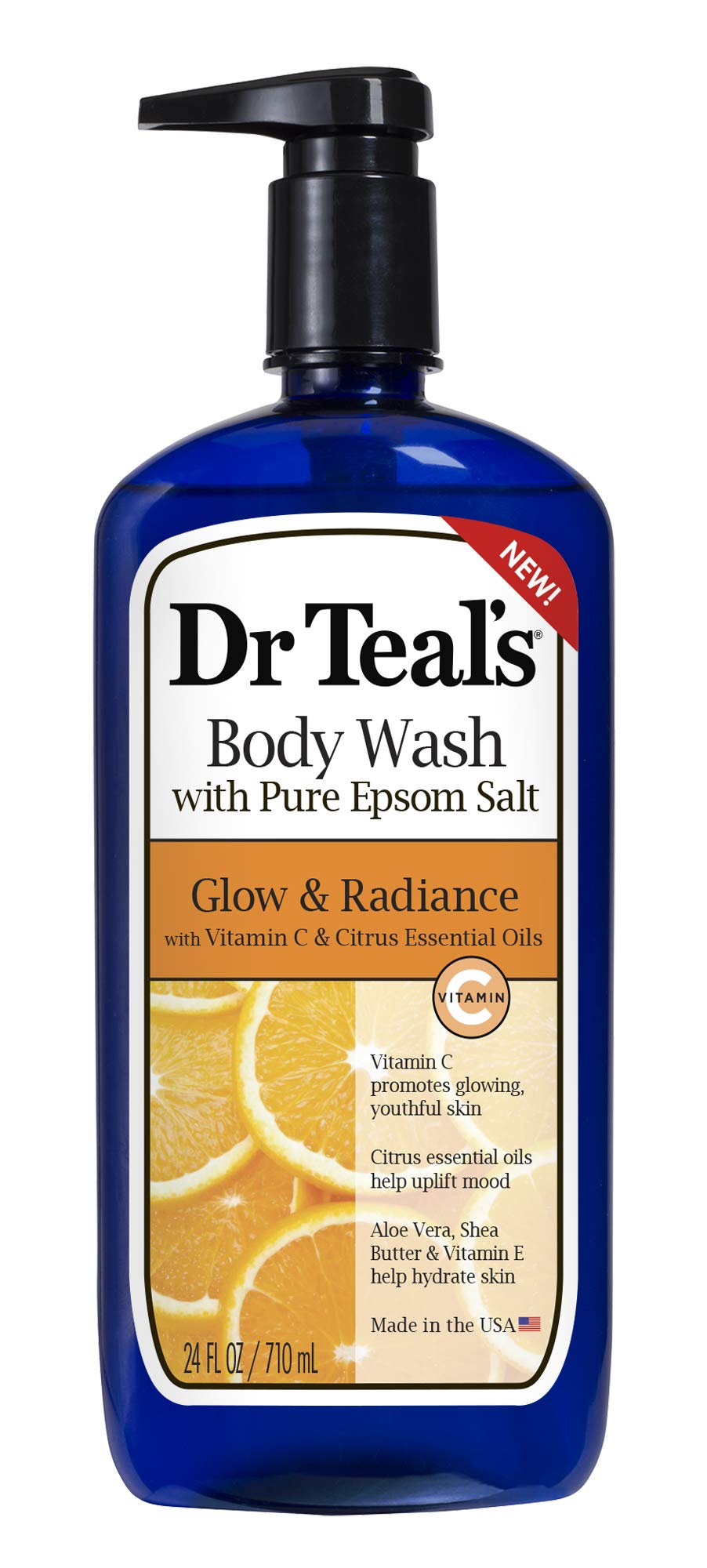 Dr Teal's Glow & Radiance body wash bottle with citrus aroma for refreshed skin.