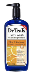 Dr Teal's Glow & Radiance body wash bottle with citrus aroma for refreshed skin.