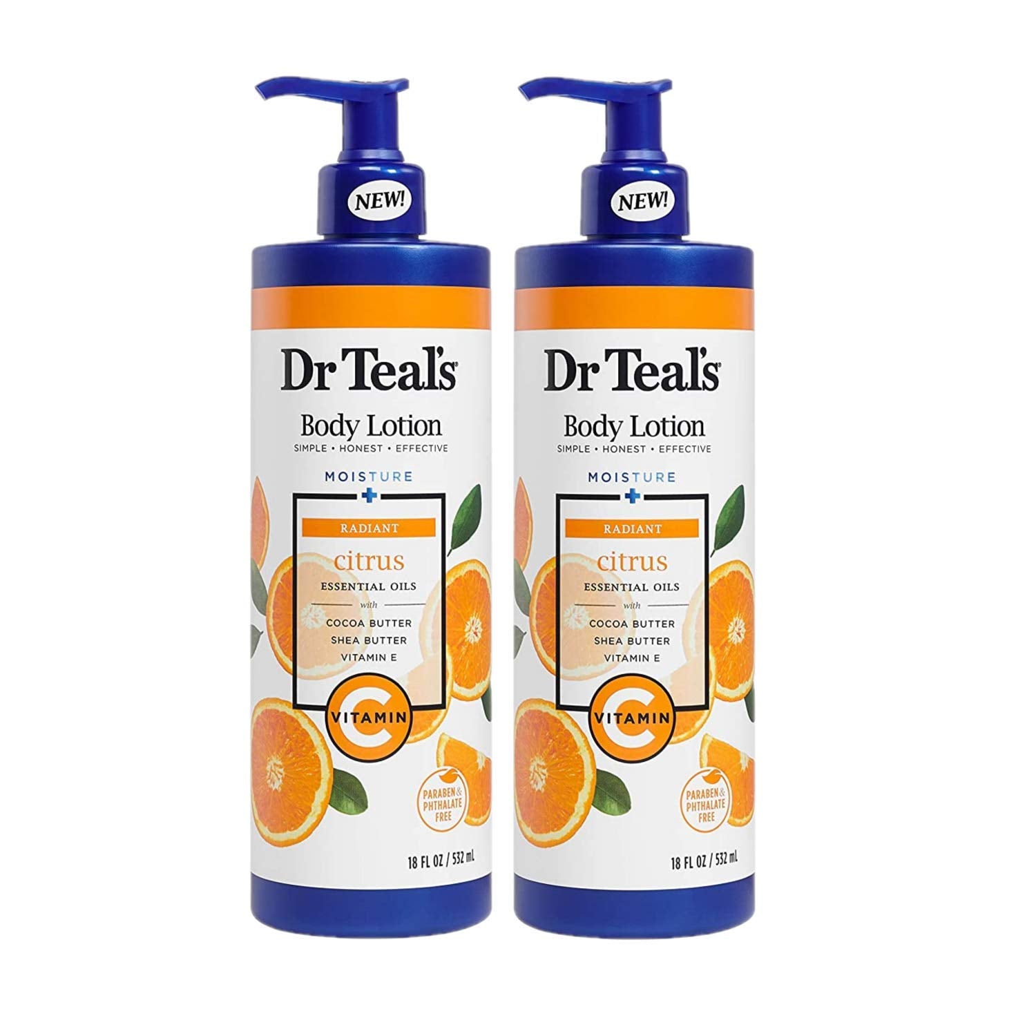 Dr Teal's Glow & Radiance lotion bottle 2-pack delivers moisturized skin and uplifting citrus aroma.