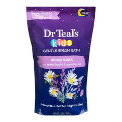 Dr Teal's Kids Sleep Soak pour shows lavender and chamomile for relaxation before bedtime.