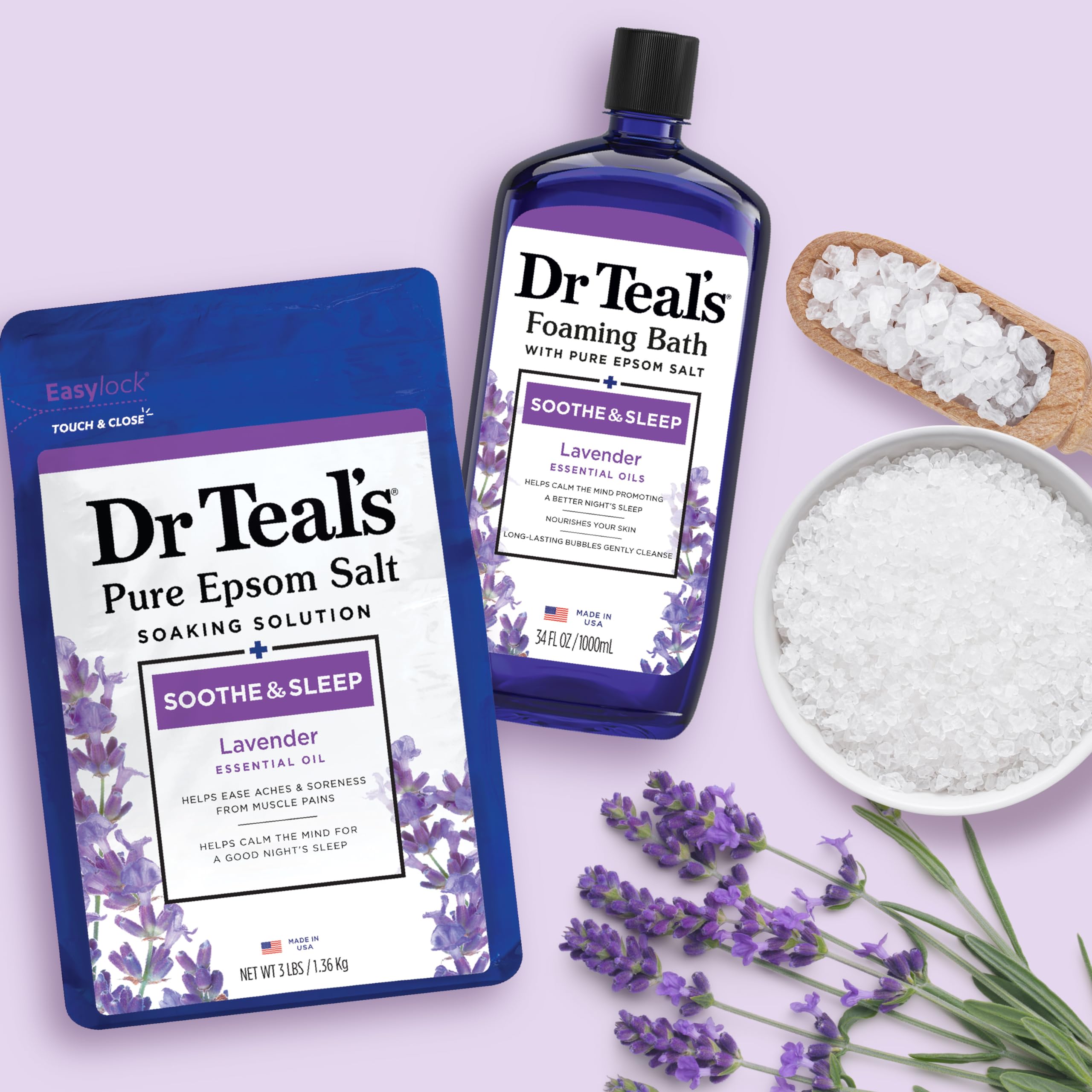 Dr Teal's lavender aromatherapy bottle showcasing calming scent cues.